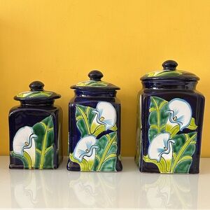 Talavera Pottery Calla Lily Cookie Storage Jars Floral Ceramic Canister Set of 3